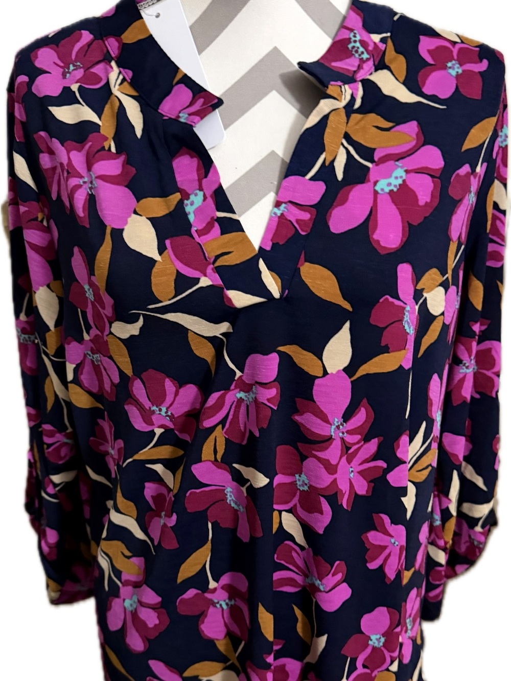 Floral Button-Back Blouse - Navy with Pink Floral